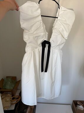 Anthropologie White Mini Dress with Black Tie Detail